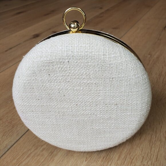 Viral Handcrafted In India Beaded Bag Monogrammed "M" Beige Round Clutch Chain - Picture 2 of 16